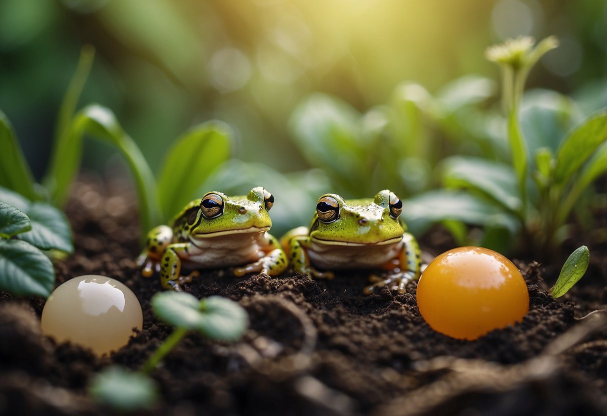 Frog and toad eggs rest in a garden. Plants and water surround them, providing a supportive habitat