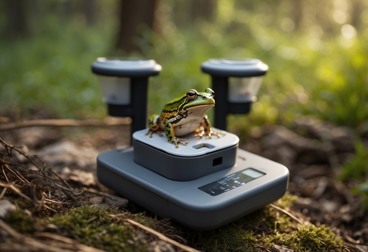 Frog and toad feeder stations being set up in a natural habitat with monitoring equipment nearby