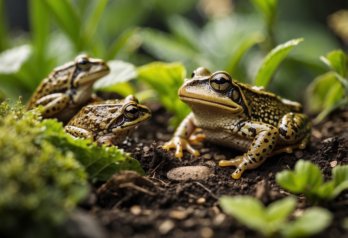 Frog and toad feeder stations set up with various insects and plants. Frogs and toads are seen feeding on the provided food sources