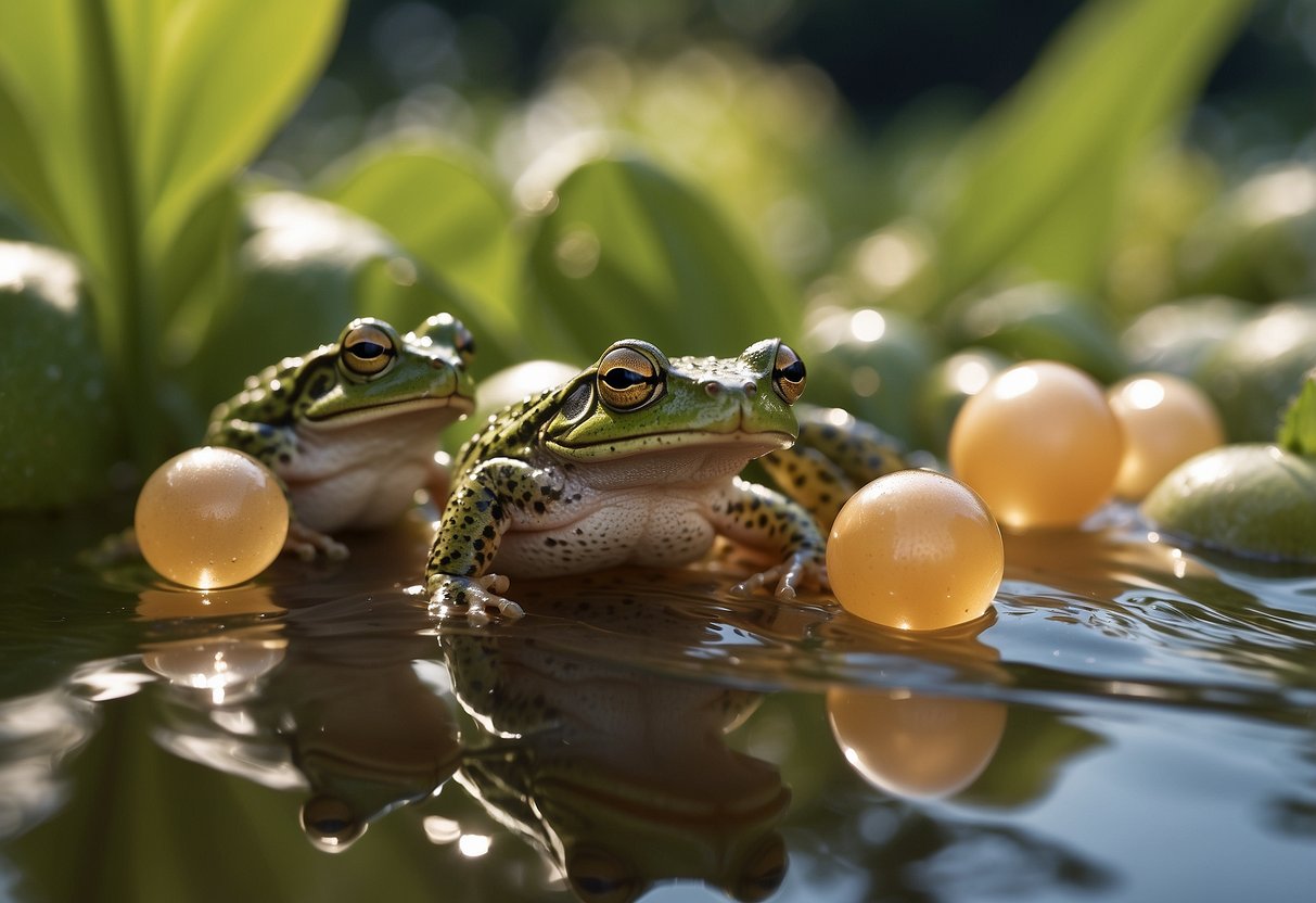 Frog or toad eggs in a garden. A cluster of gelatinous eggs attached to a plant or floating in water