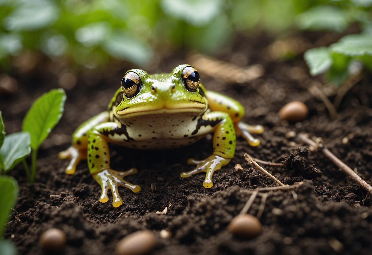 Frog or toad eggs in a garden, surrounded by greenery and moist soil