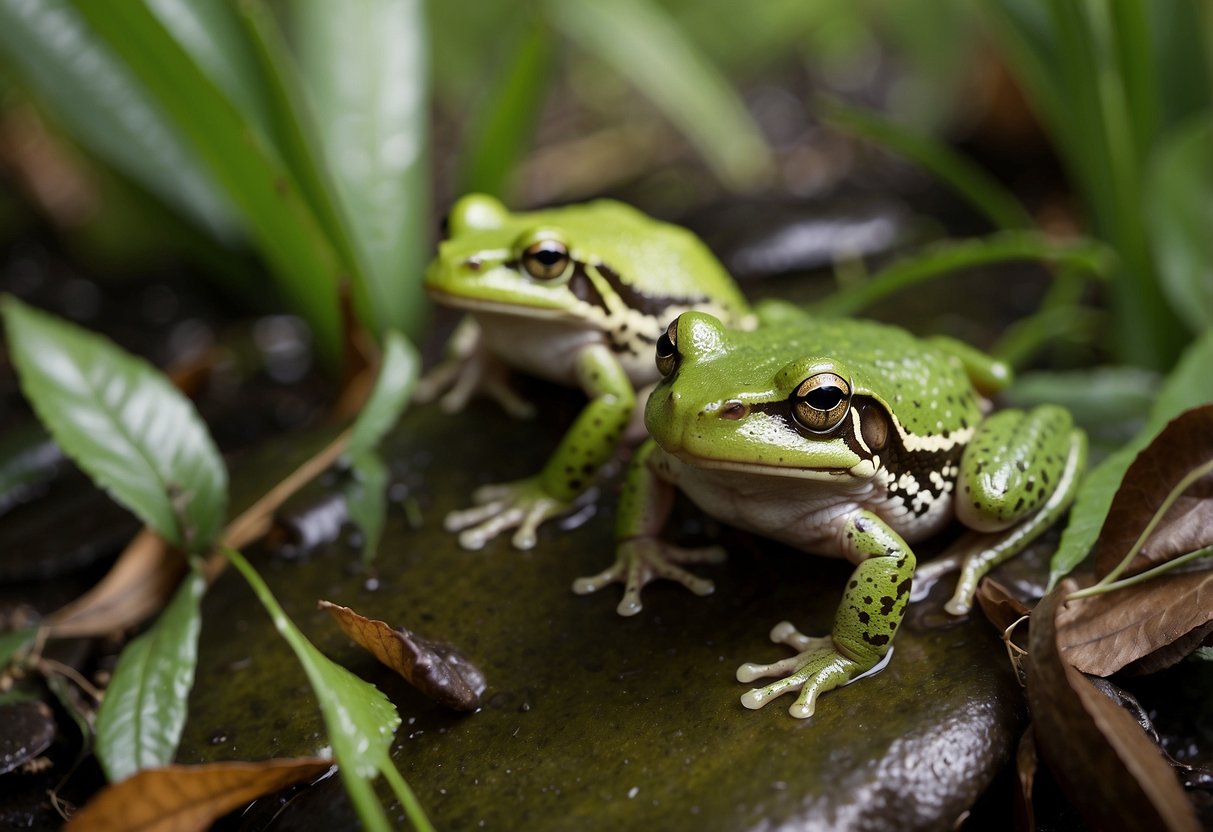 Frogs and toads from different regions gather in a lush, vibrant habitat. They work together on conservation efforts, sharing knowledge and resources