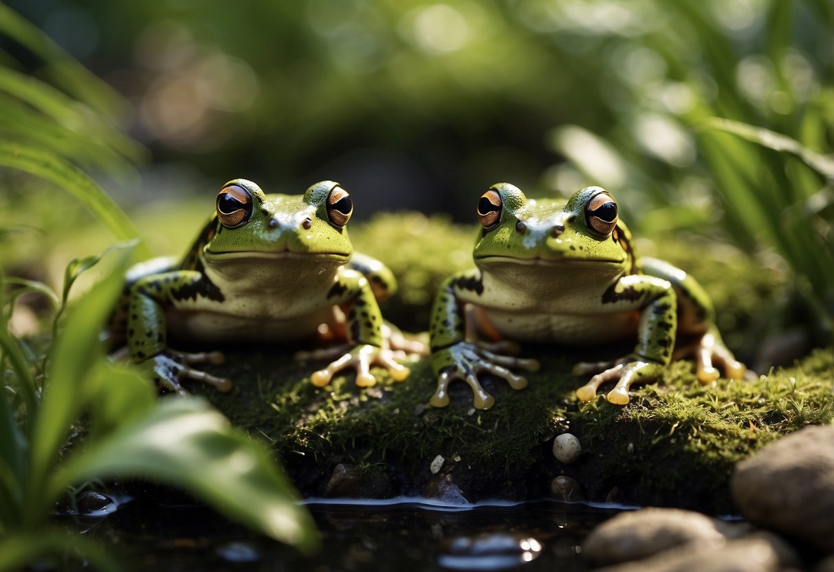 Frogs and toads gather around a lush garden with dense vegetation and a small pond. The area is filled with rocks and logs for hiding spots and basking in the sun