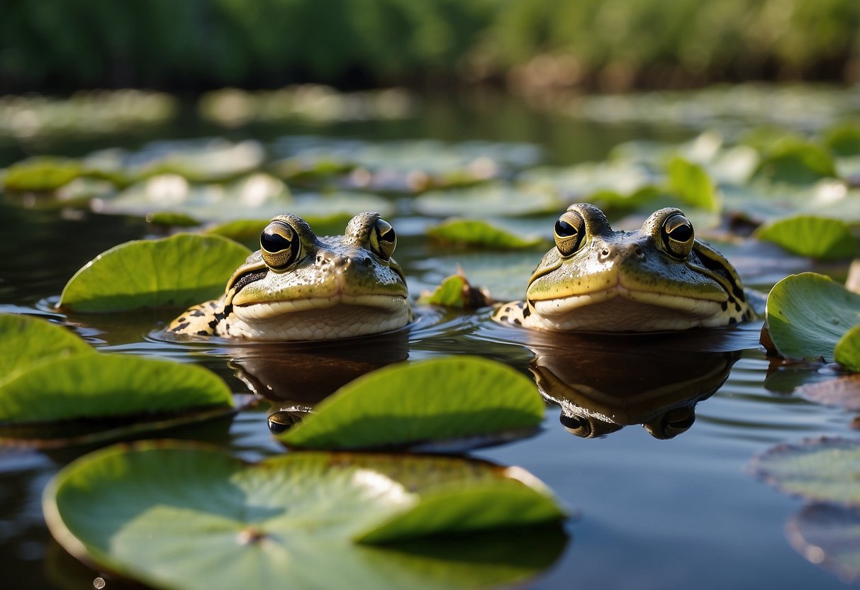 Frogs and toads hop among lily pads and reeds, while insects buzz around. A snake slithers nearby, and a heron watches from the water's edge