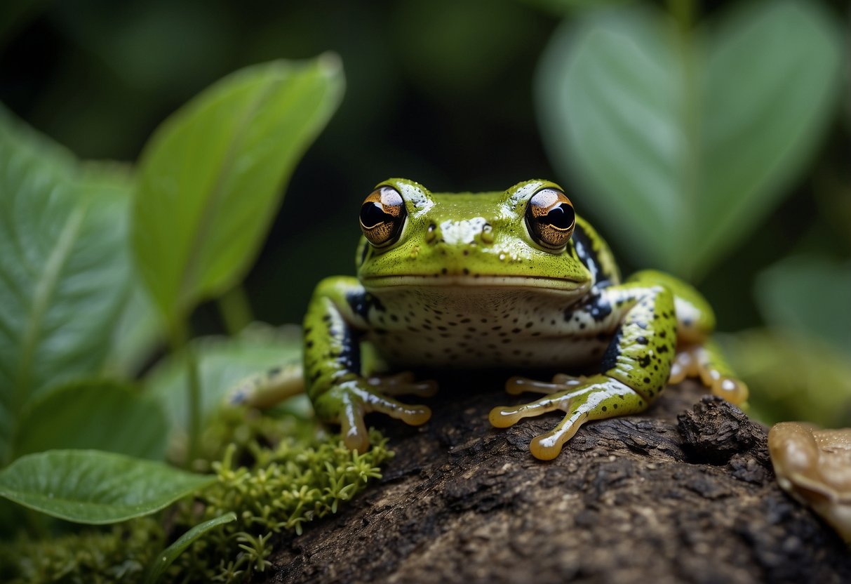 Frogs and toads hop among lush green foliage, catching insects and blending into their surroundings. They play a vital role in controlling insect populations and serving as prey for larger animals