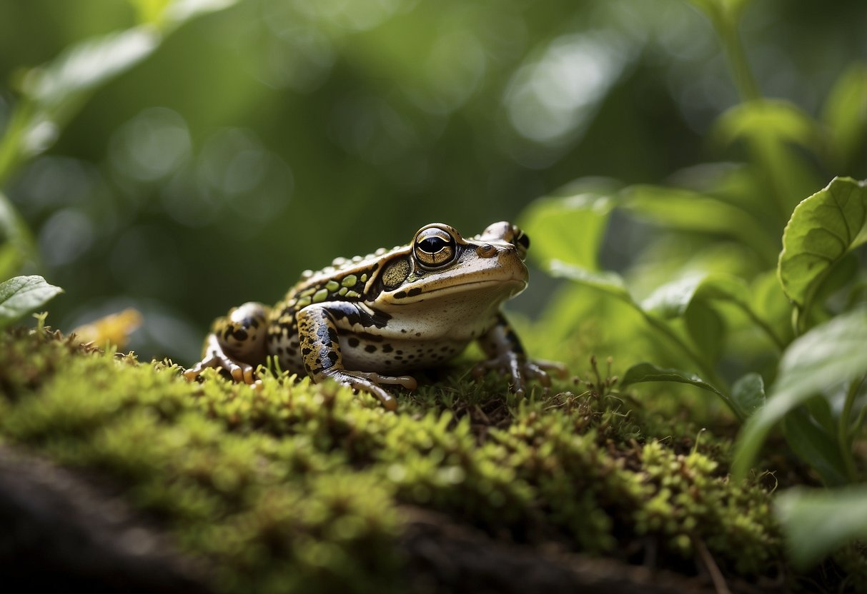 Frogs and toads hop among lush vegetation, contributing to ecosystem balance. Research equipment and scientists observe their behavior