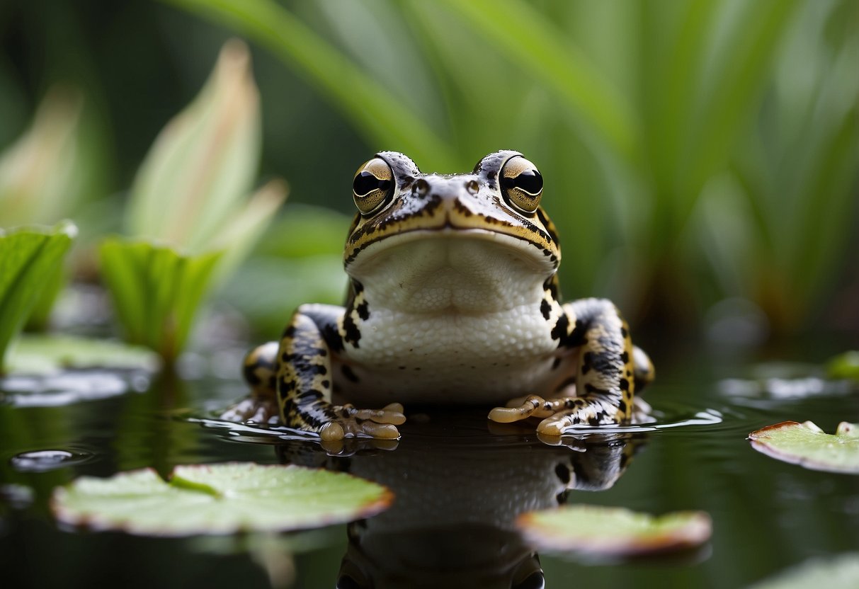 Frogs and toads hopping among lush vegetation, insects buzzing around. Water bodies with lily pads and cattails, showcasing their role in the ecosystem