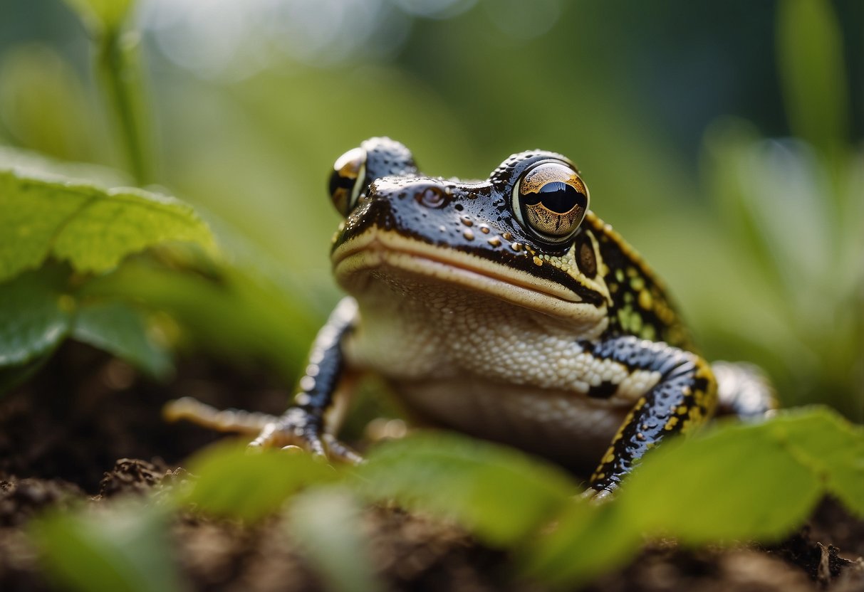 Frogs and toads hunt pests in a garden. They sit among plants, waiting to catch insects like mosquitoes and beetles