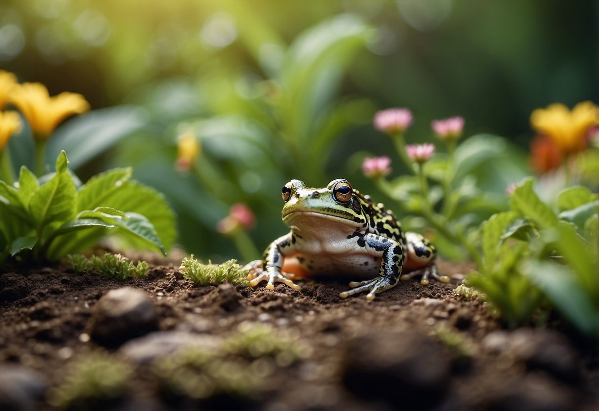 Frogs and toads hunting insects in a garden, surrounded by plants and flowers