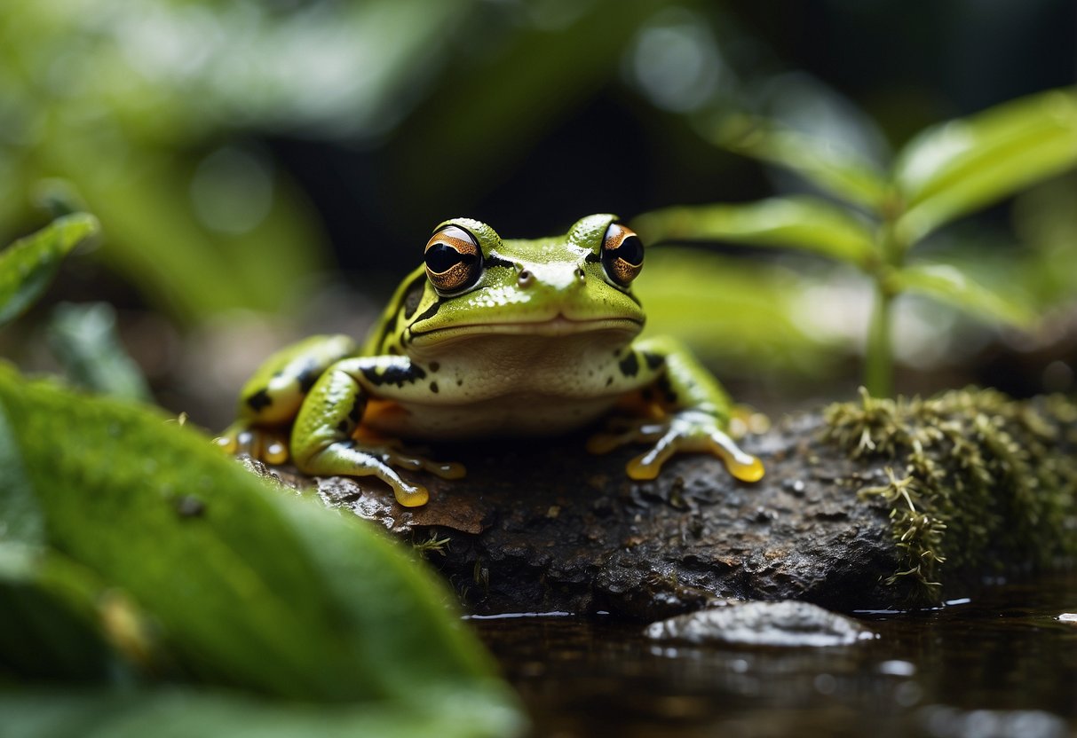 Frogs and toads in a lush, diverse habitat with plenty of water sources and shelter, surrounded by a variety of plants and insects