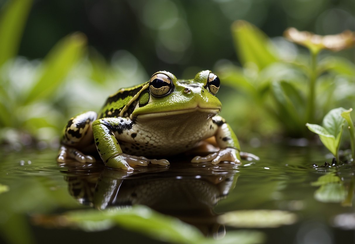 Frogs and toads in garden. Illustrate lush greenery, pond, and colorful flowers. Show insects and pests being eaten