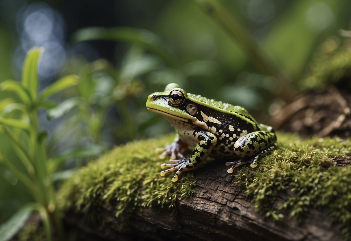 Frogs and toads in natural habitat, surrounded by insects