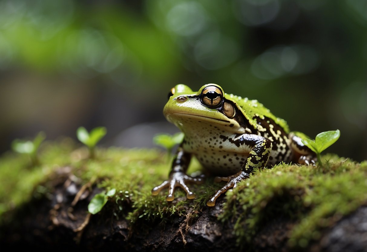 Frogs and toads in various habitats, from rainforests to wetlands, with conservationists monitoring and protecting their populations