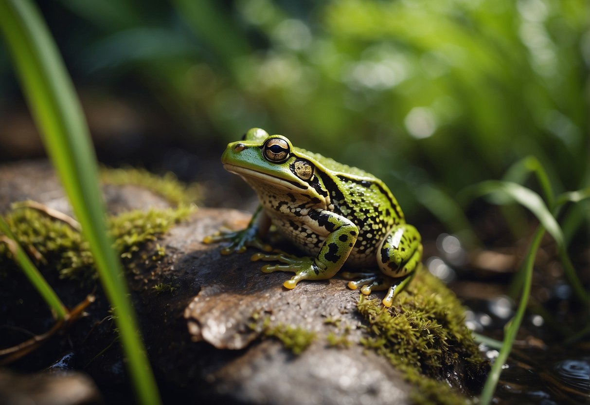 Frogs and toads in various habitats, surrounded by lush vegetation, with signs of protection and conservation efforts visible