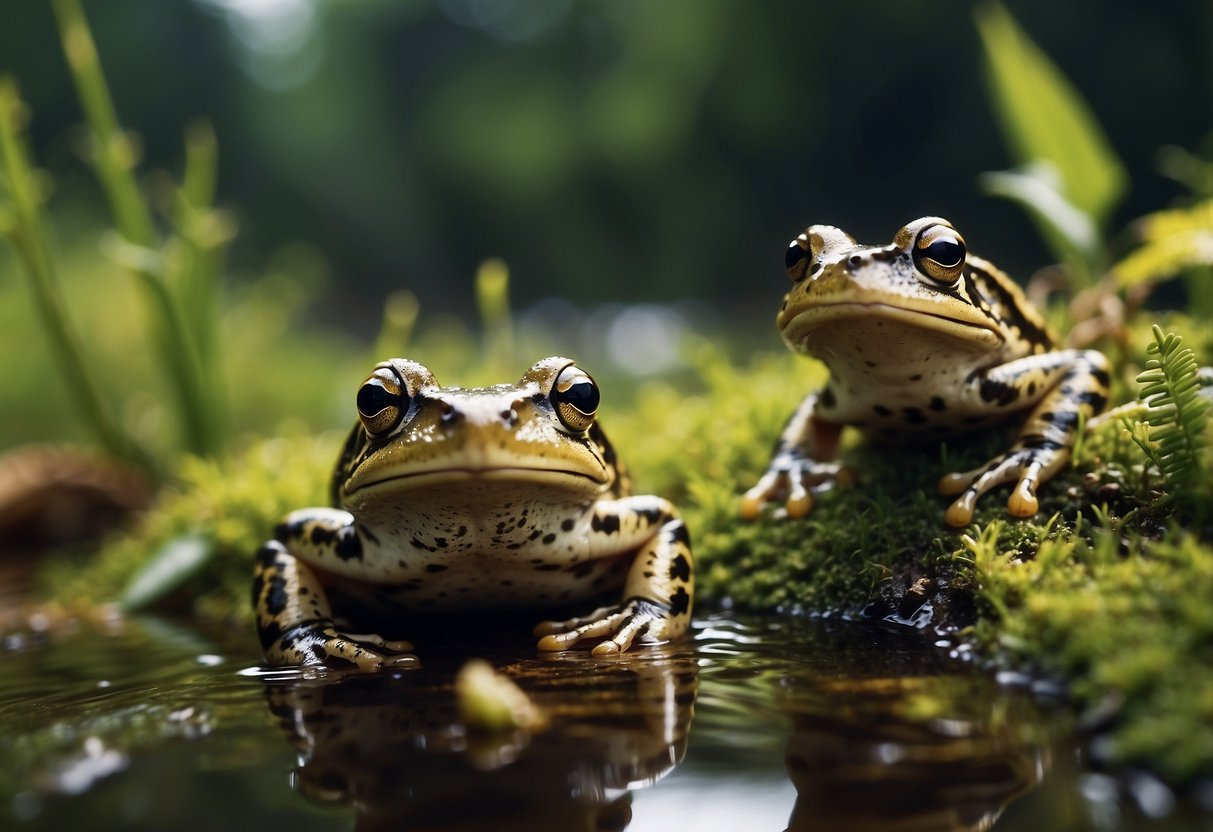 Frogs and toads surrounded by diverse vegetation, with a mix of water and land habitats. Predators such as snakes and birds are present, but the population is balanced and healthy