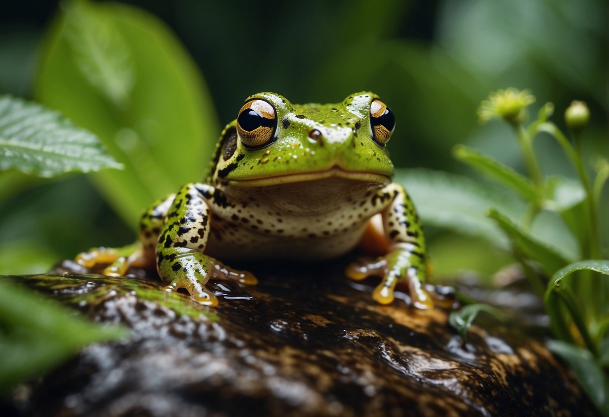 Frogs and toads thrive in a lush, wet environment, surrounded by vibrant green foliage and a variety of insects. The sound of their croaking fills the air, as they play a crucial role in pest control