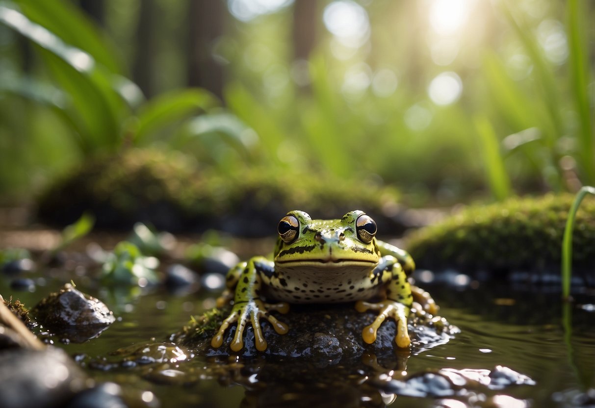 Frogs and toads thriving in diverse habitats, from forests to wetlands, with conservationists working together to protect and restore their populations