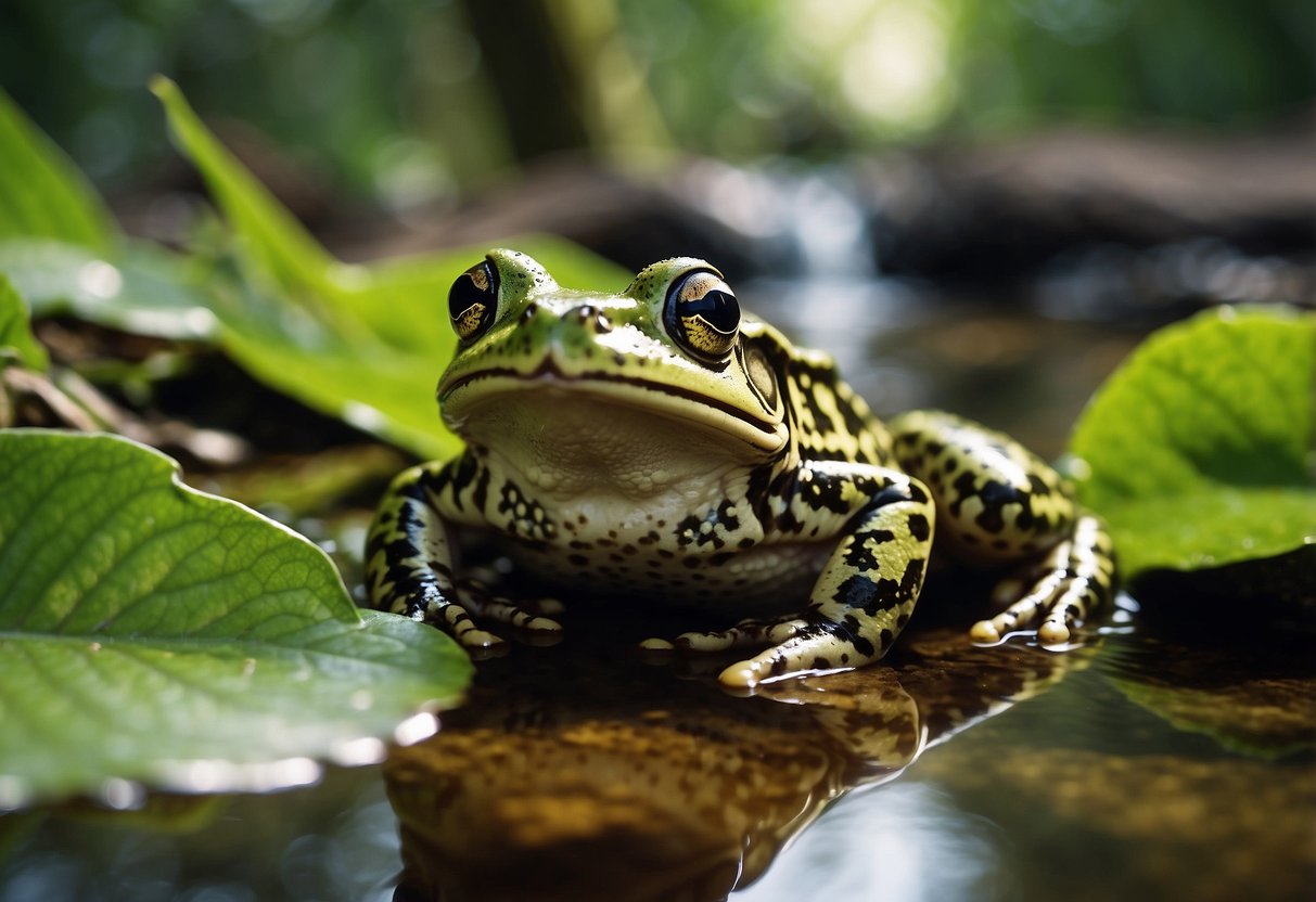 Frogs and toads thriving in their natural habitat, surrounded by lush greenery and clean water. Scientists and conservationists celebrating successful efforts