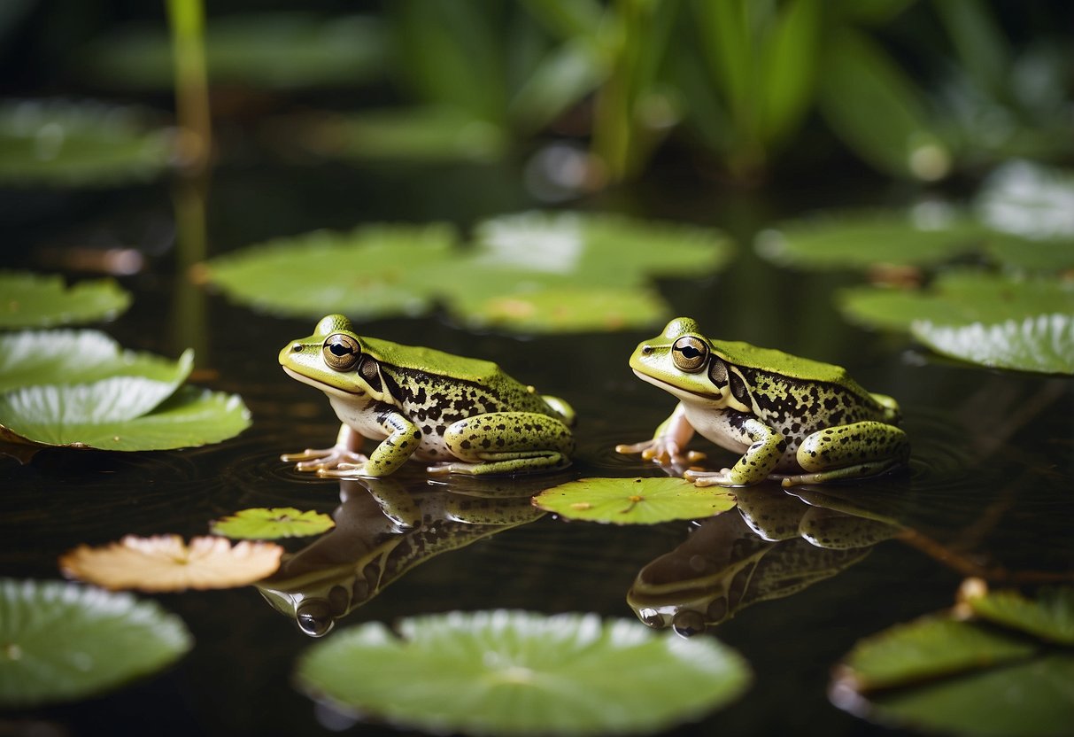 Frogs gather around a backyard pond, enjoying a lush habitat with plenty of insects to feed on. Lily pads and reeds provide cover while the water offers a safe place to breed and lay eggs