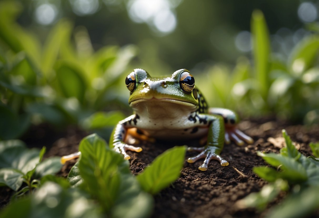Frogs hop among lush green plants, their croaks filling the air. A community tends to the garden, creating a vibrant, biodiverse ecosystem