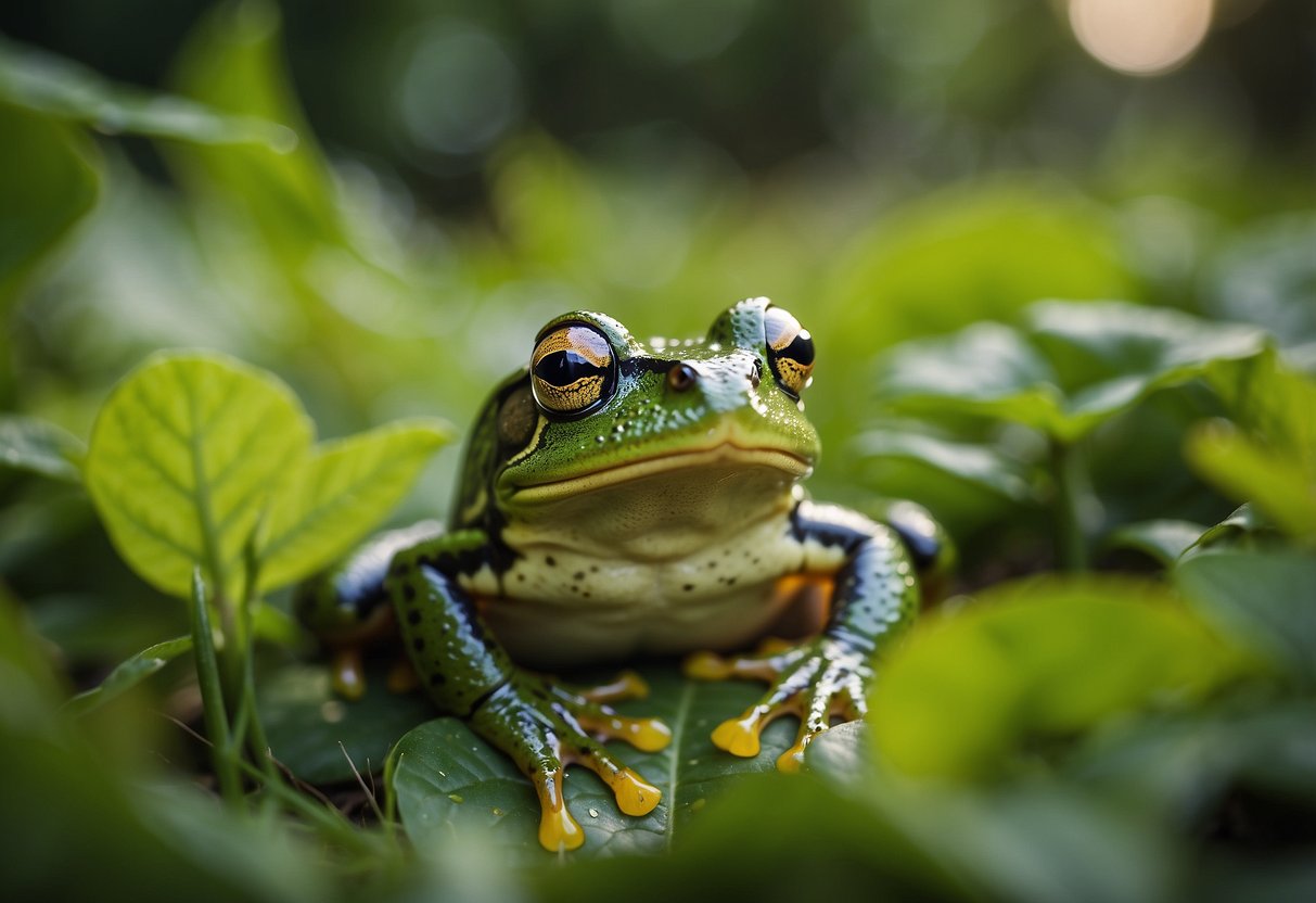 Frogs hop among lush green plants, their presence signals a healthy ecosystem. They feast on pests, keeping the garden free from harmful insects