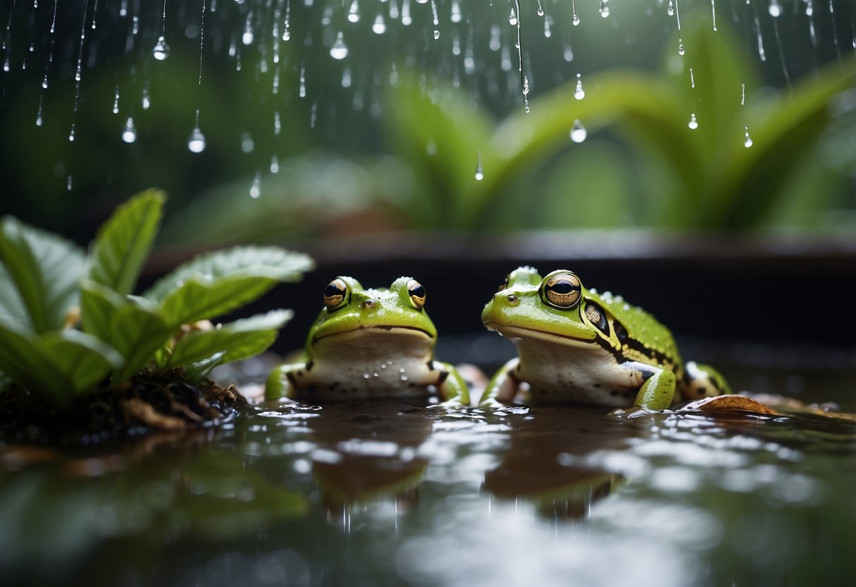 Frogs hop into a backyard rain chamber. Water droplets glisten on leaves as mist fills the air. A small pond reflects the greenery