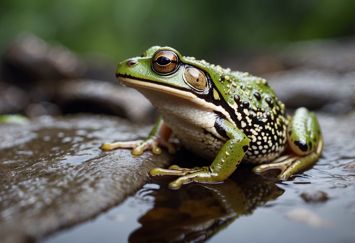 Frogs in various habitats facing extreme weather and habitat loss due to climate change. Scientists from different countries collaborating on research and policy solutions