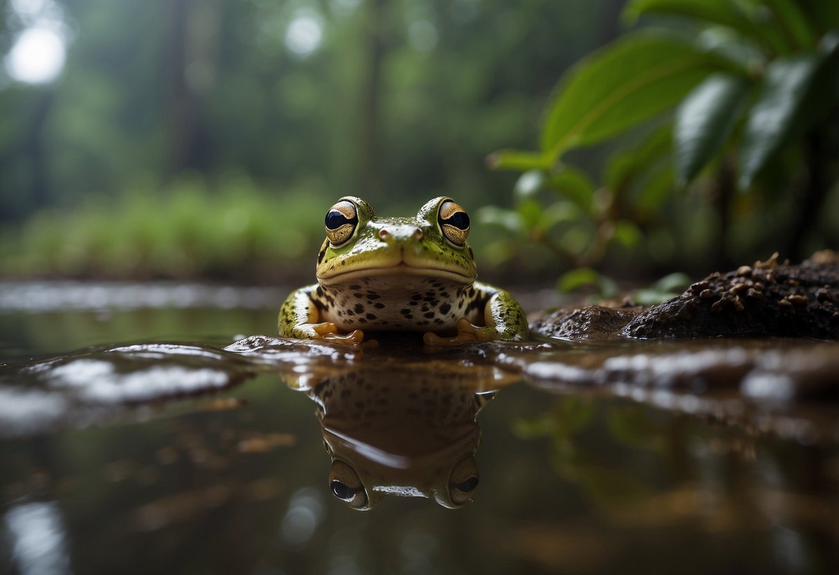 Frogs in various habitats, from rainforests to wetlands, facing challenges due to changing climate. Show different species in distress