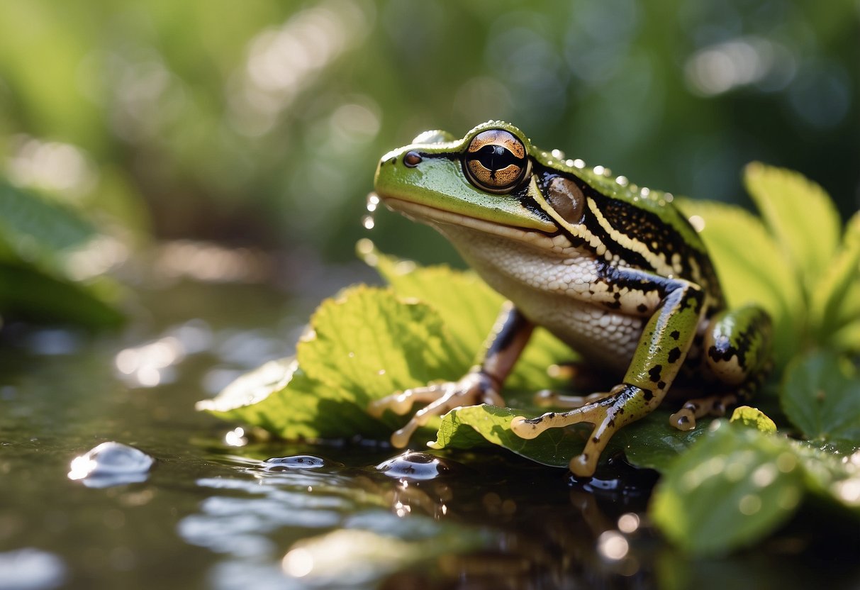 Garden frog catching and eating insects in a pesticide-contaminated environment