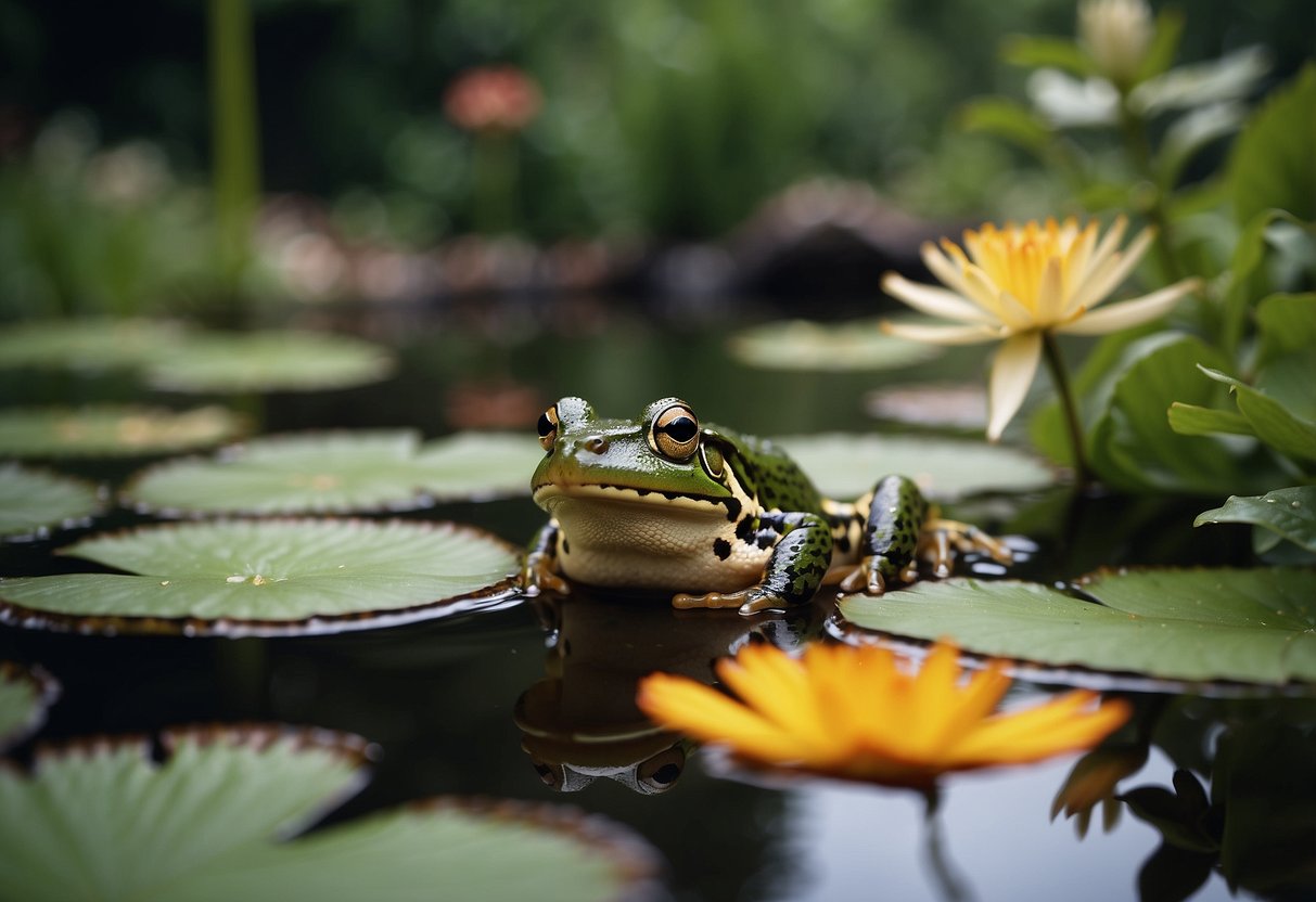 Lush garden with diverse plants and flowers, small pond with lily pads, and rocks for hiding spots. Frogs and toads hopping around