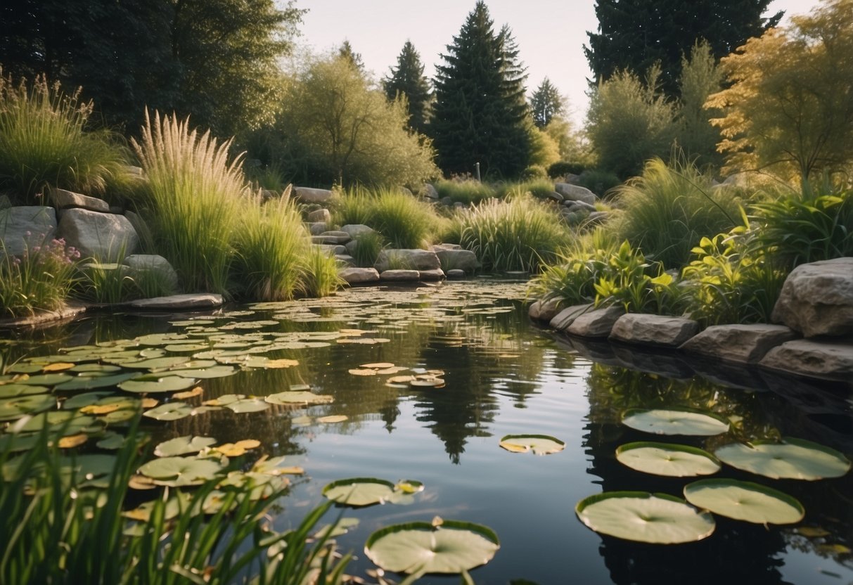 Lush garden with water features, tall grasses, and low-growing plants. Lily pads and floating vegetation in a pond. Logs and rocks for hiding spots