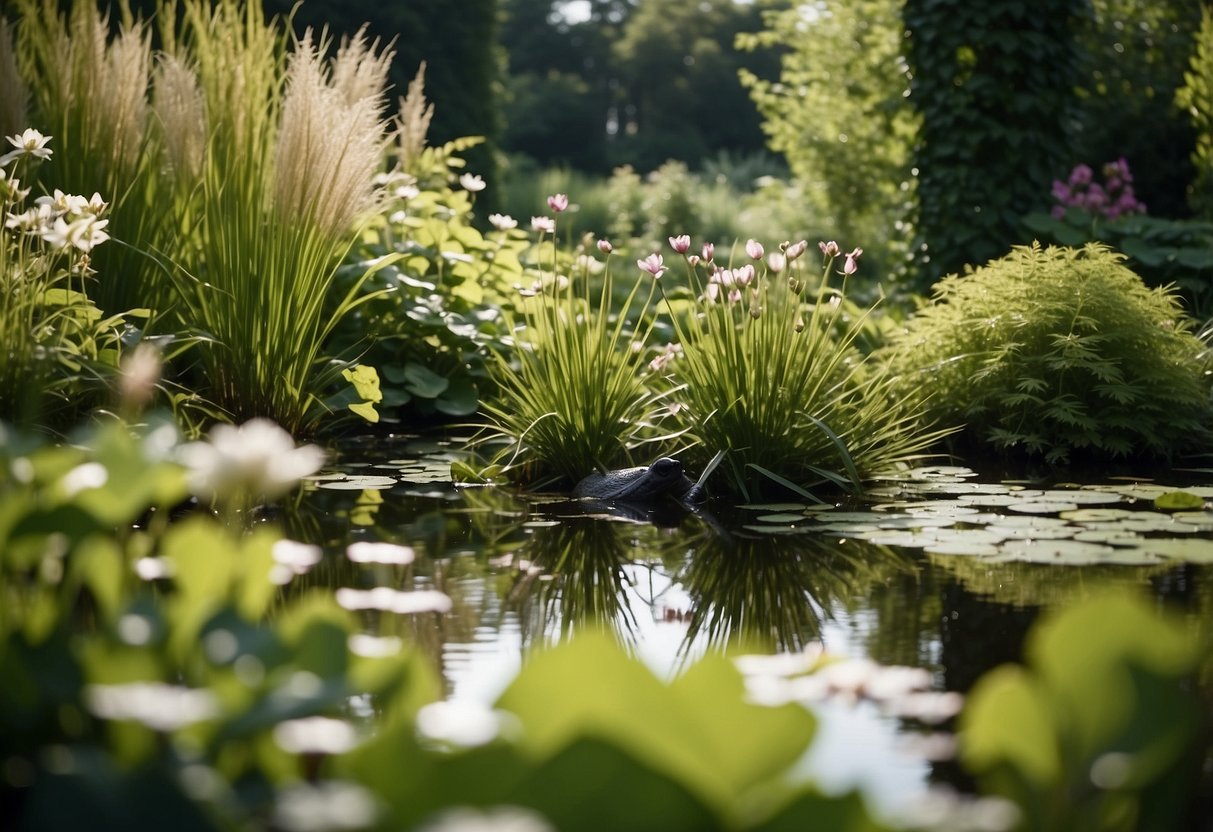 Lush green garden with a variety of tall grasses, water lilies, and thick shrubs surrounding a small pond, with frogs and toads hopping among the plants
