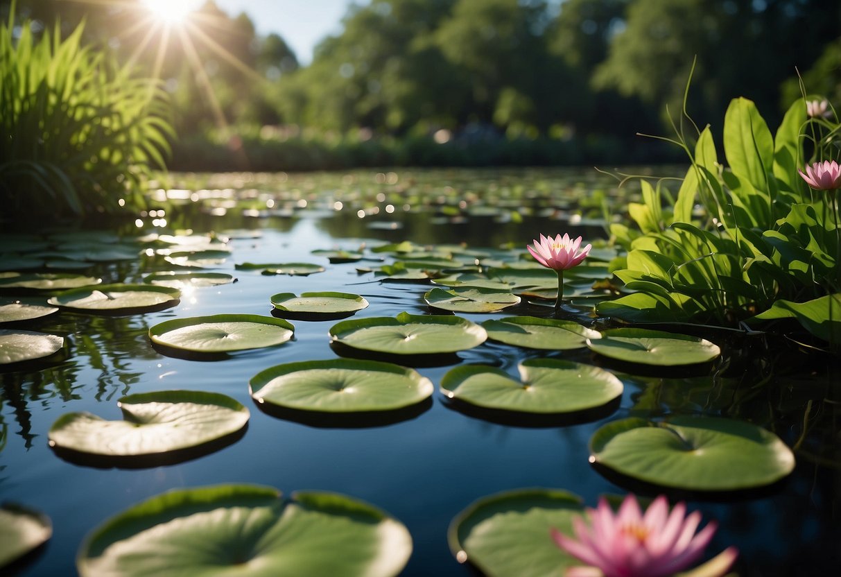 Lush green plants surround a tranquil pond, with colorful lily pads floating on the water's surface. A variety of aquatic plants create a natural habitat for frogs to thrive