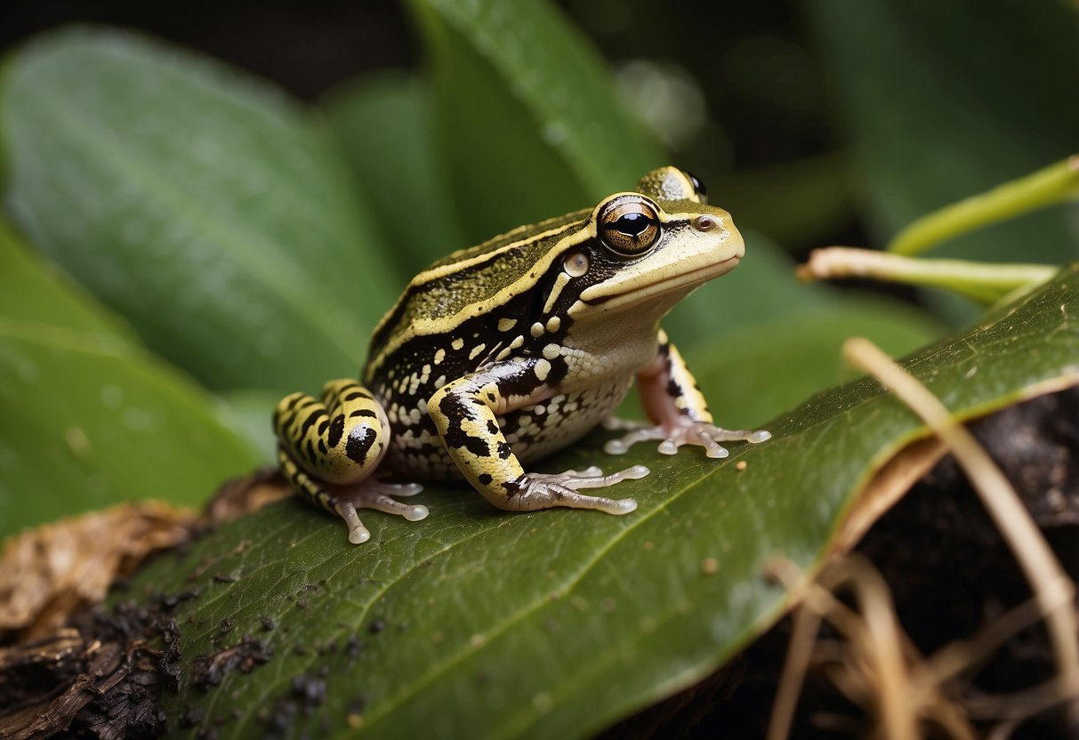 Several types of frogs and toads are beneficial for pest control. They can be depicted in a natural setting, surrounded by insects