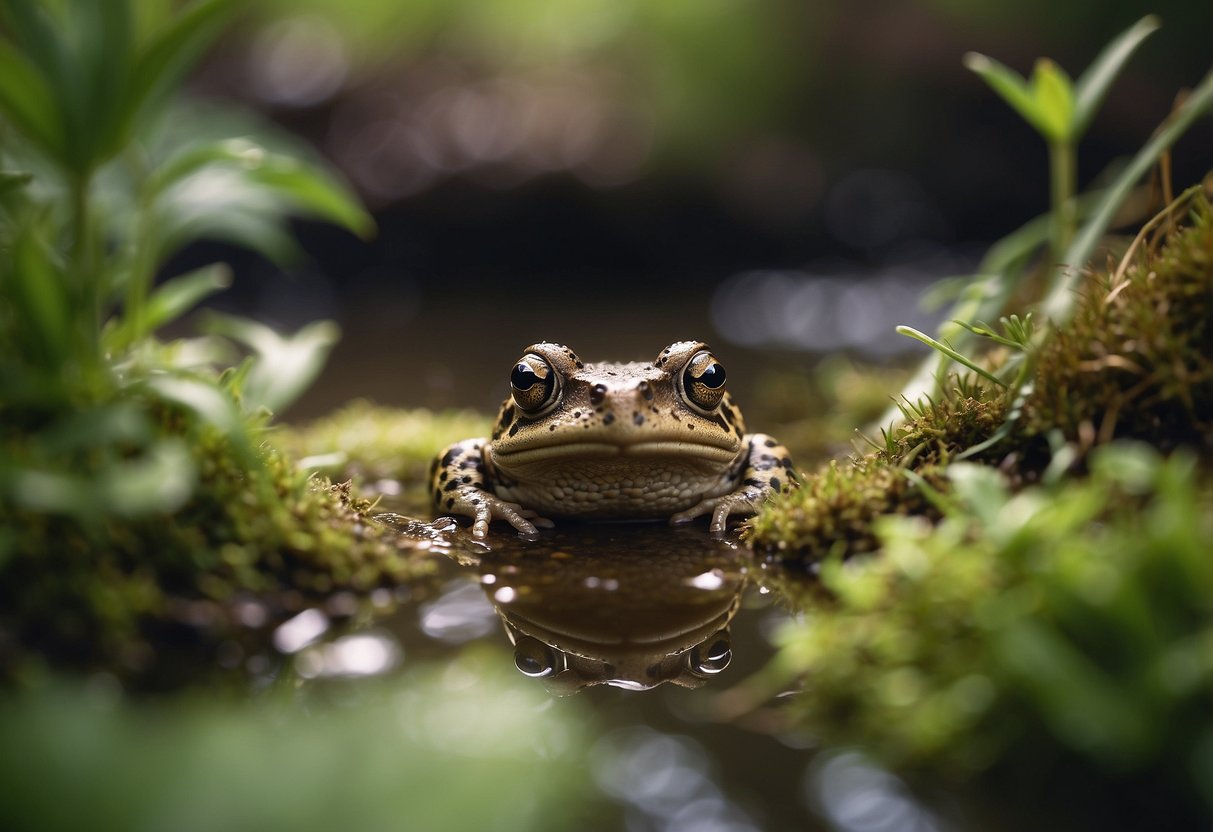 Toad habitats with lush vegetation, shallow pools, and cozy shelters nestled in a backyard or garden