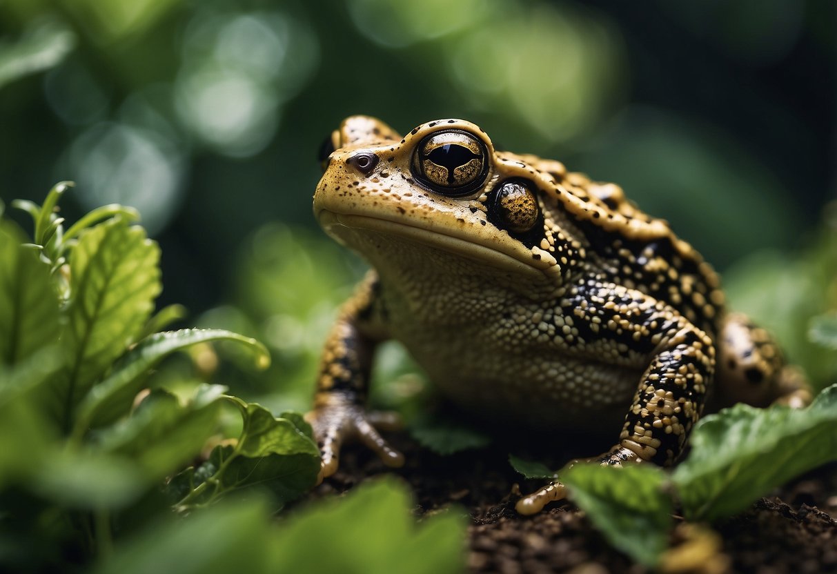 Toads hop among lush green plants, feasting on insects. Their presence keeps the garden free of pests, promoting a healthy and balanced ecosystem