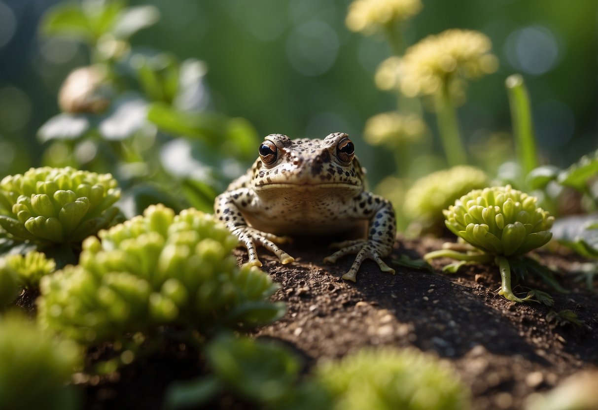 Toads hop among vibrant garden plants, feasting on pests. Their presence brings natural pest control and a thriving, balanced ecosystem