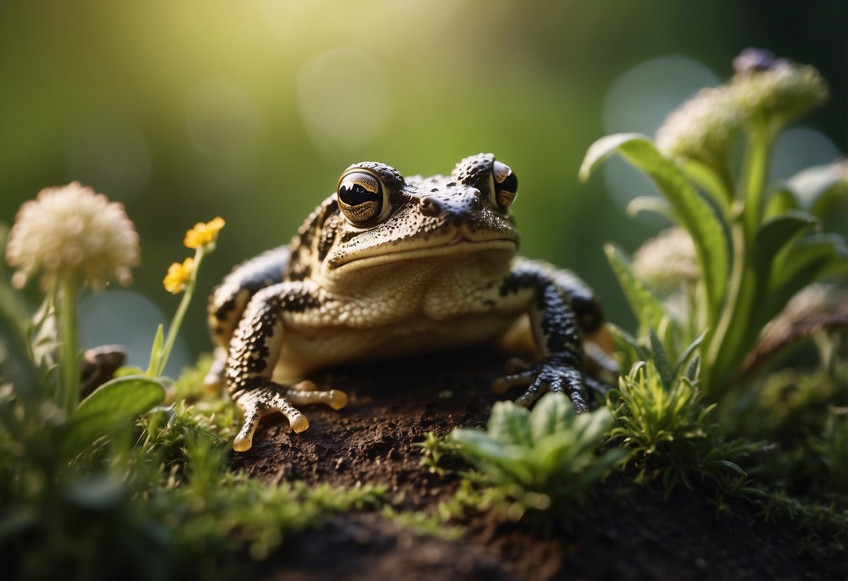 Toads hopping among garden plants, catching insects
