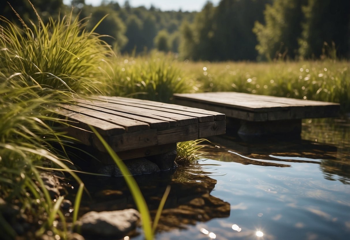 Two wooden platforms with shallow water and rocks, surrounded by tall grass and trees. Insects and small amphibians are attracted to the area