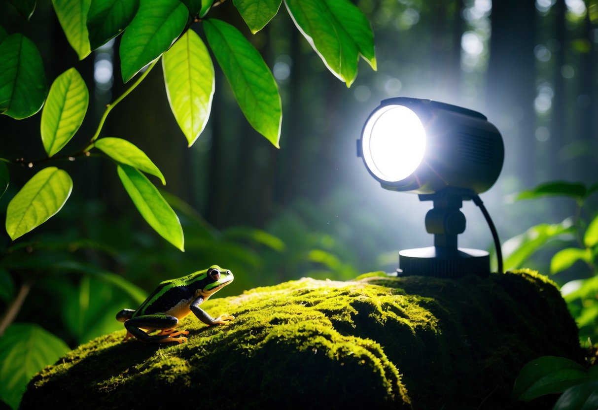 A bright spotlight shines on a moss-covered rock in a lush, damp forest, casting dramatic shadows on the vibrant green leaves and creating a perfect setting for amphibian photography