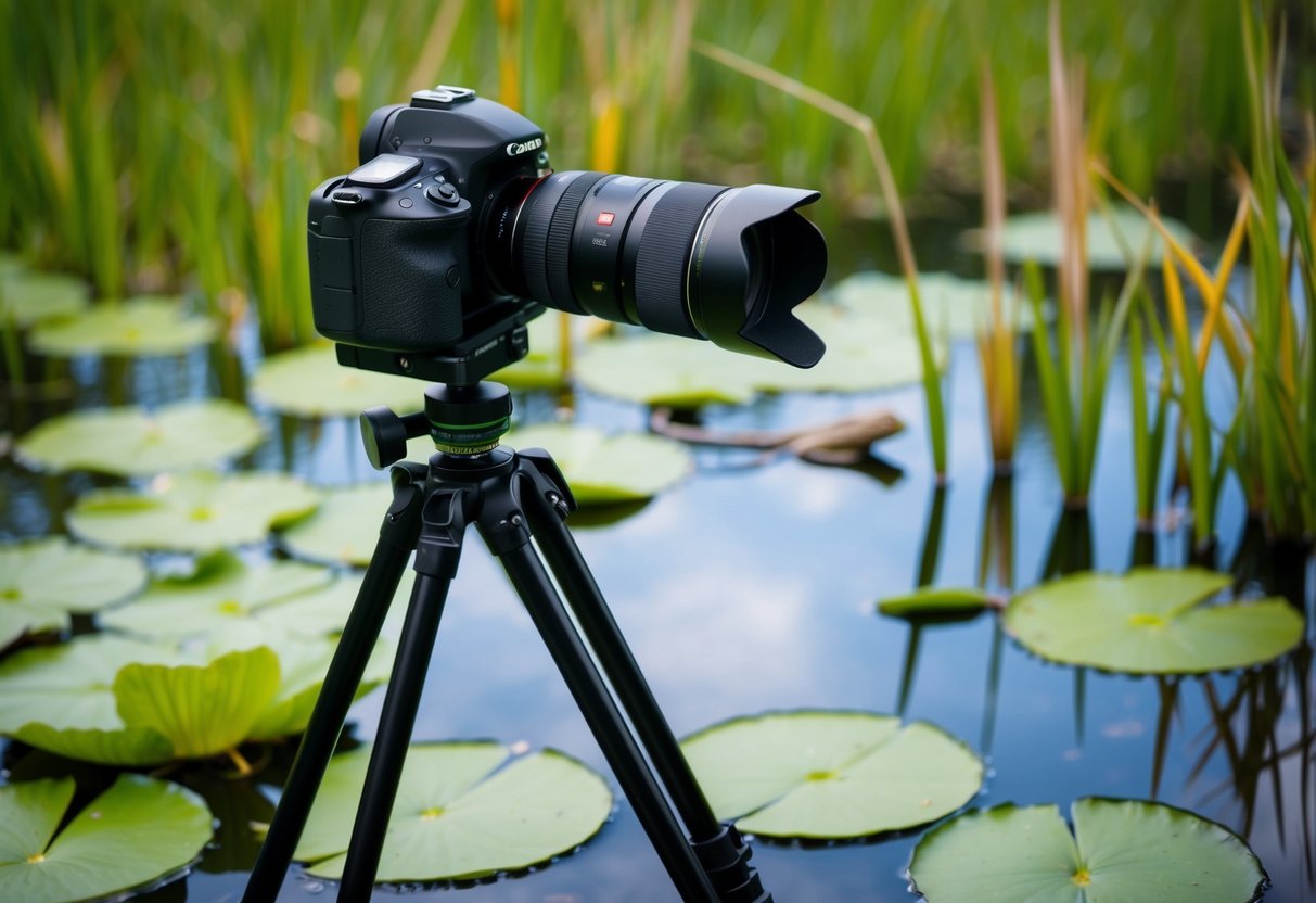 A camera on a tripod adjusts settings in front of a pond with lily pads and reeds, waiting for an amphibian to emerge