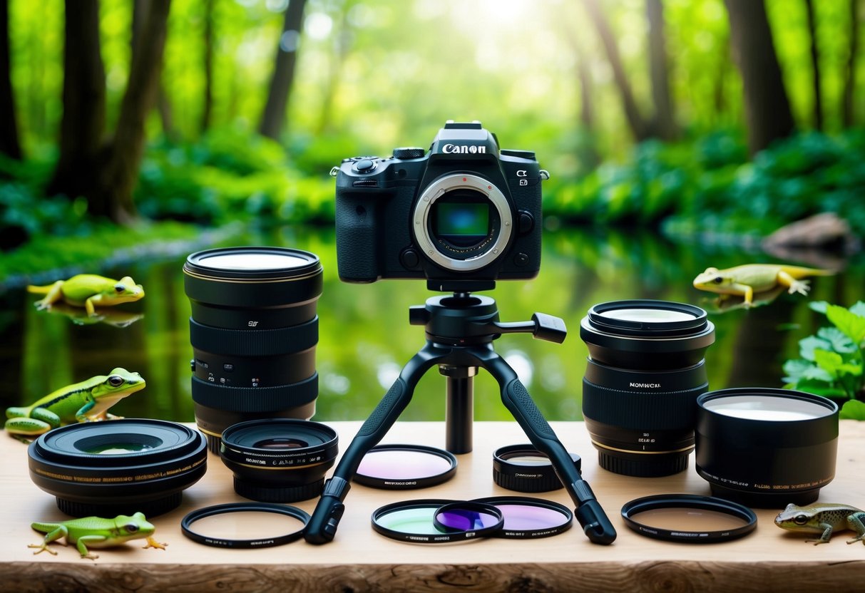 A camera set on a tripod, surrounded by various lenses, filters, and other photography equipment. The backdrop is a lush, green forest with a small pond and a variety of amphibians