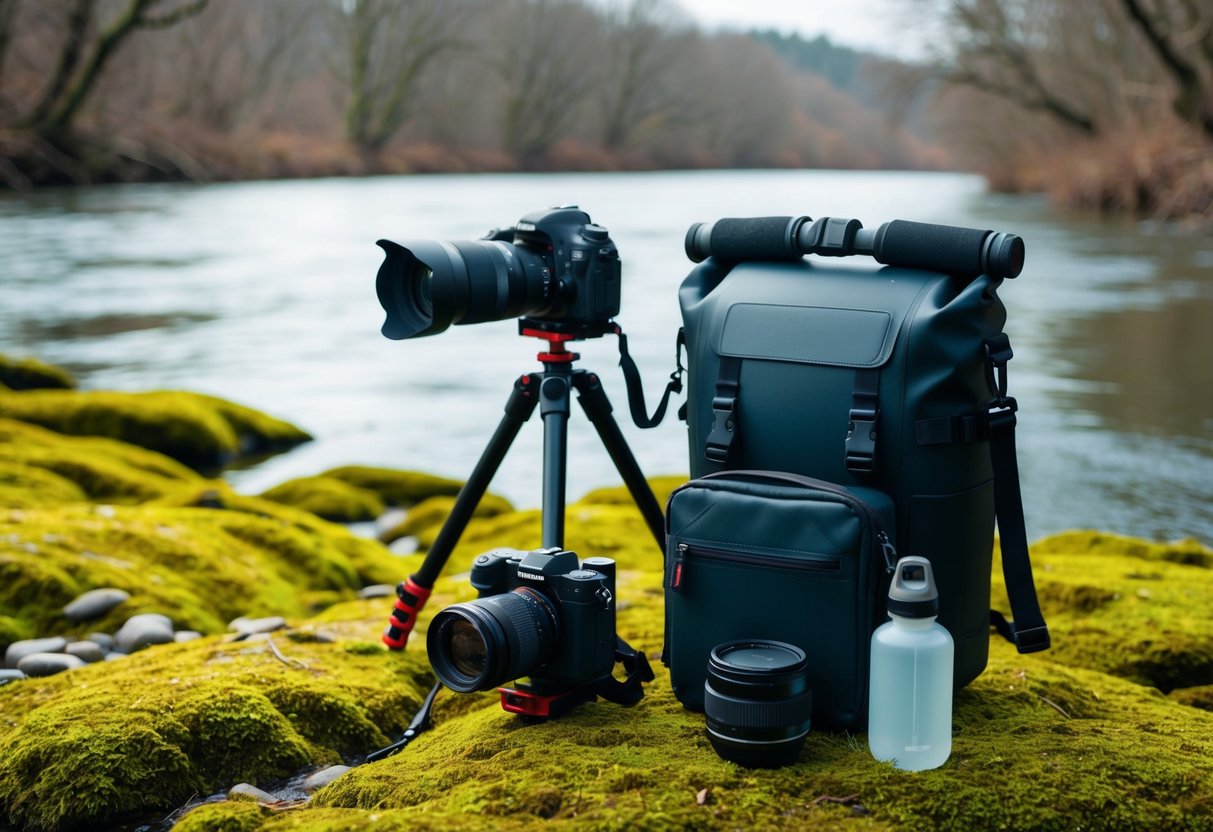 A camera, tripod, and waterproof gear arranged on a mossy riverbank for amphibian photography