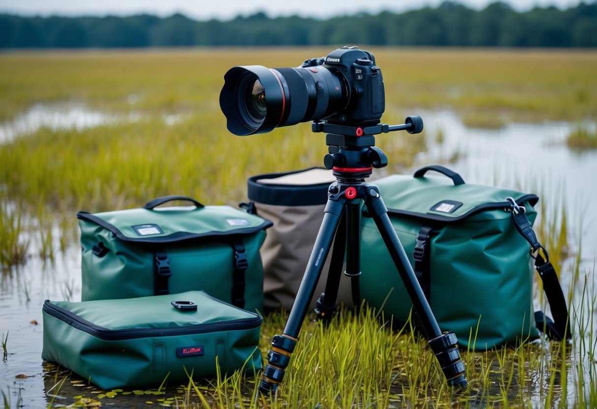 A camera with a long lens mounted on a tripod, surrounded by waterproof bags, and other photography gear in a marshy wetland setting