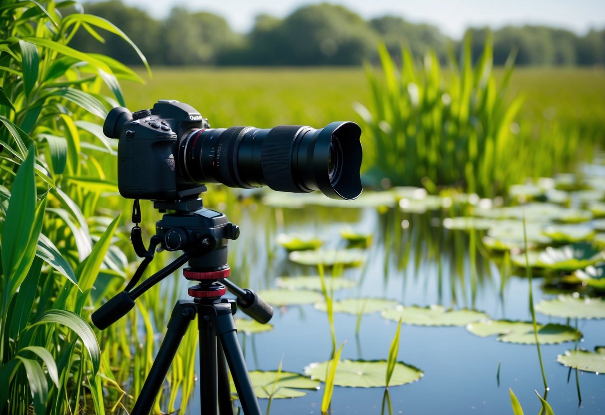 A camera with a long lens sits on a tripod in a marshy wetland, surrounded by lush green foliage and a small pond filled with floating lily pads