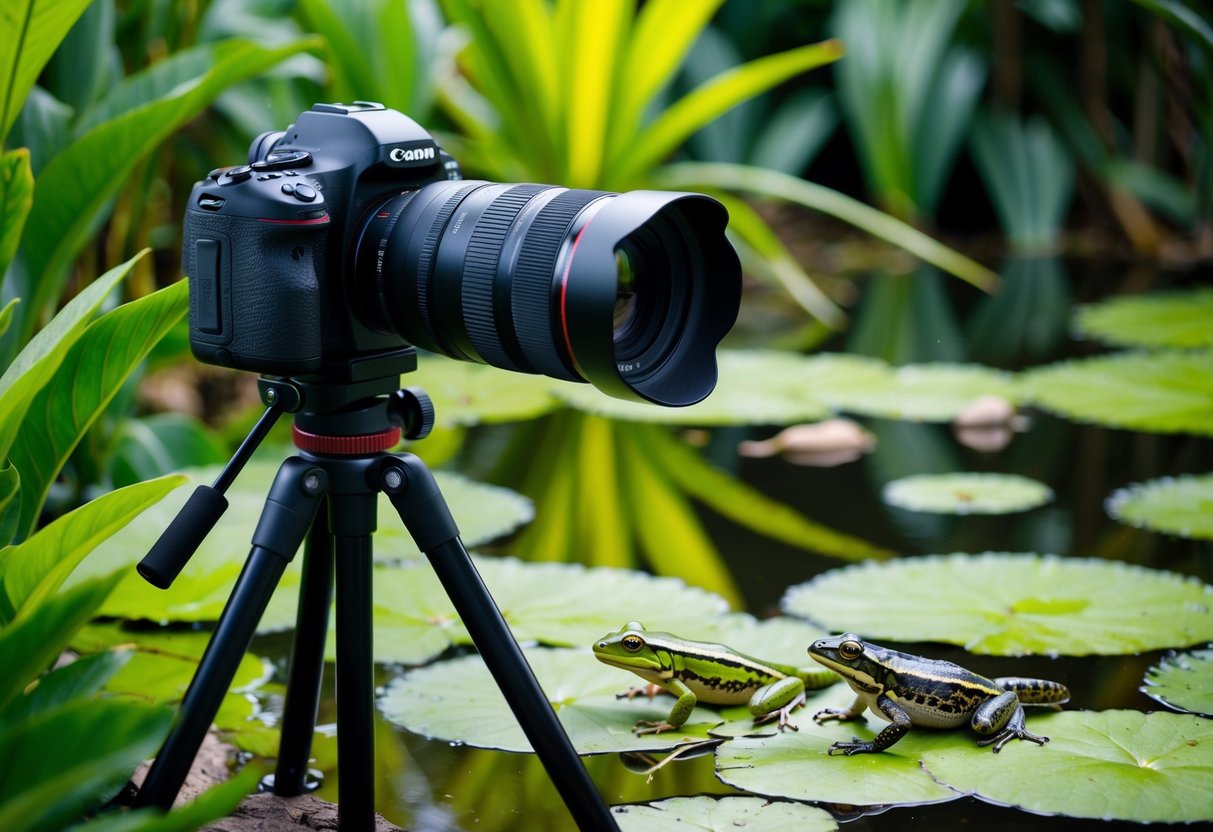 A camera with a long lens sits on a tripod near a pond, surrounded by lush green foliage and a variety of amphibians