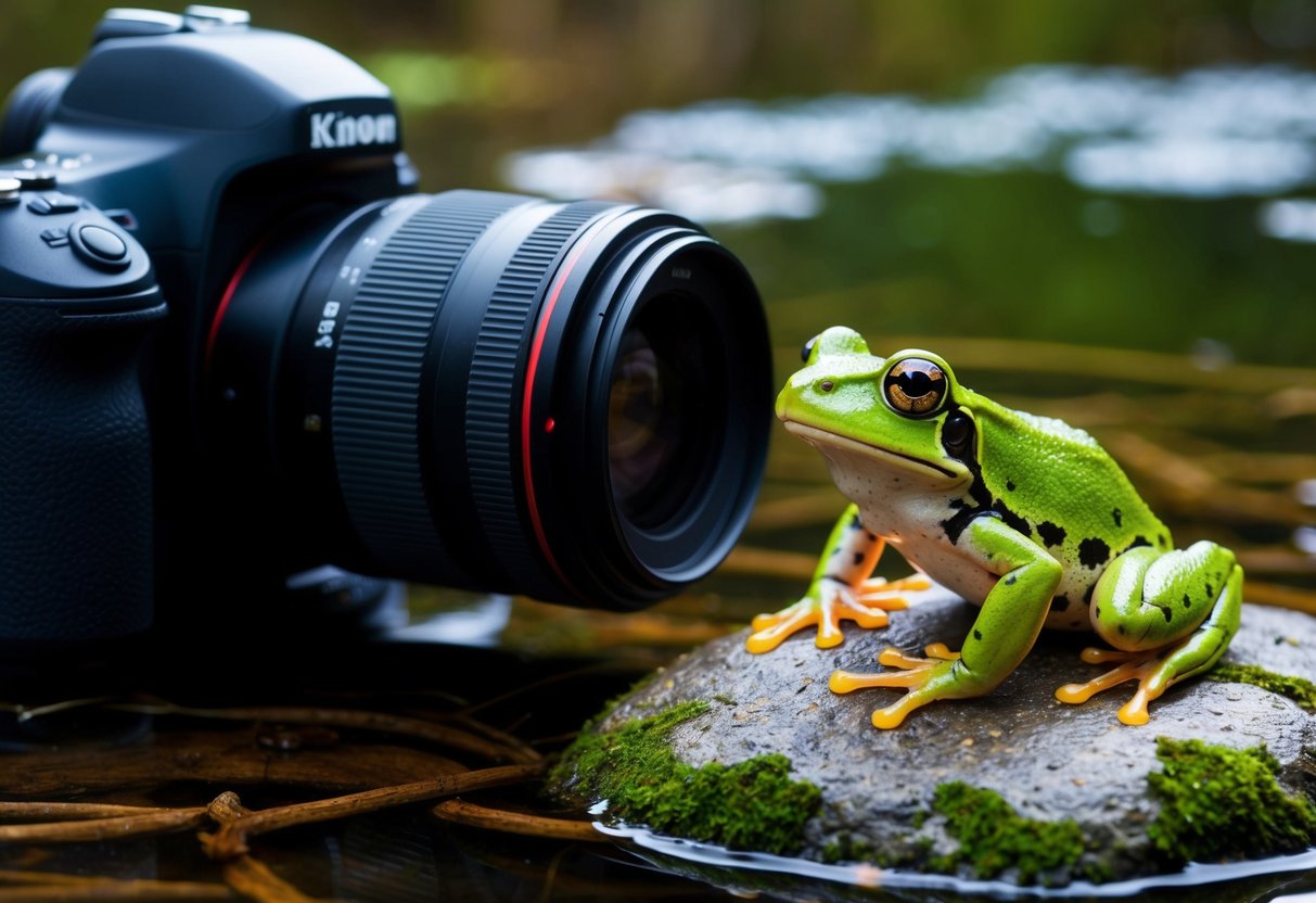 A camera with a macro lens capturing a vibrant green frog perched on a moss-covered rock near a tranquil pond