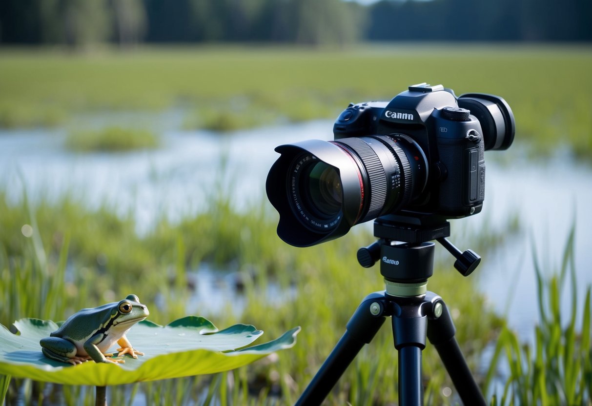 A camera with a variety of lenses set up on a tripod in a marshy wetland, with a frog perched on a lily pad in the foreground