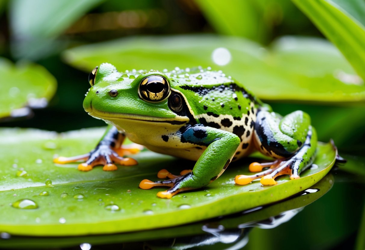 A close-up of a frog perched on a lily pad in a natural pond, surrounded by lush green foliage and glistening water droplets