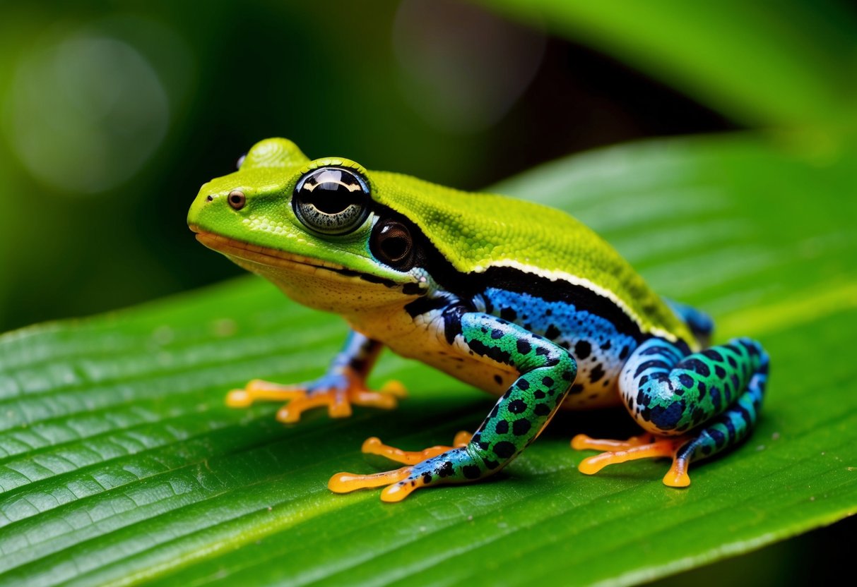 A close-up of a vibrant amphibian perched on a lush green leaf, with intricate details of its skin and eyes captured in sharp focus